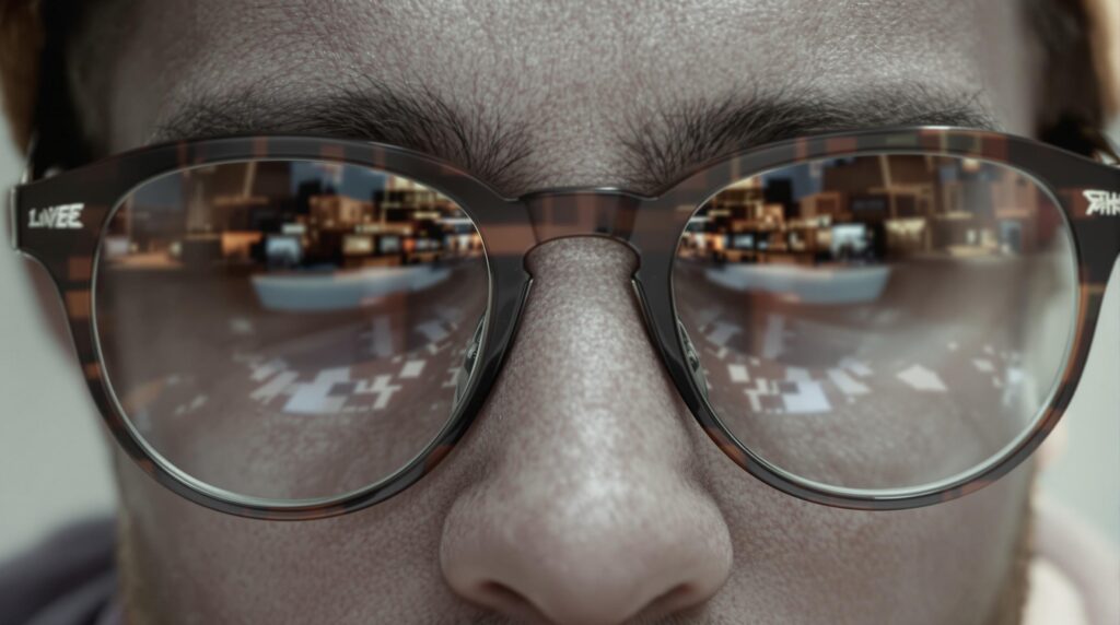 Refleksion af computerskærm i briller, der illustrerer online køb af briller.