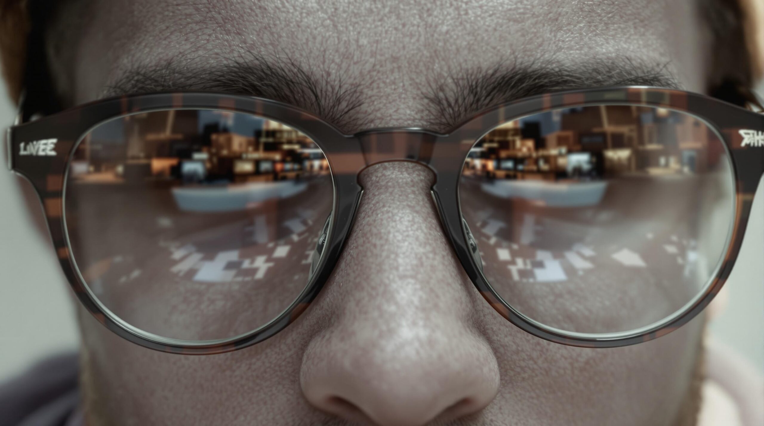 Refleksion af computerskærm i briller, der illustrerer online køb af briller.