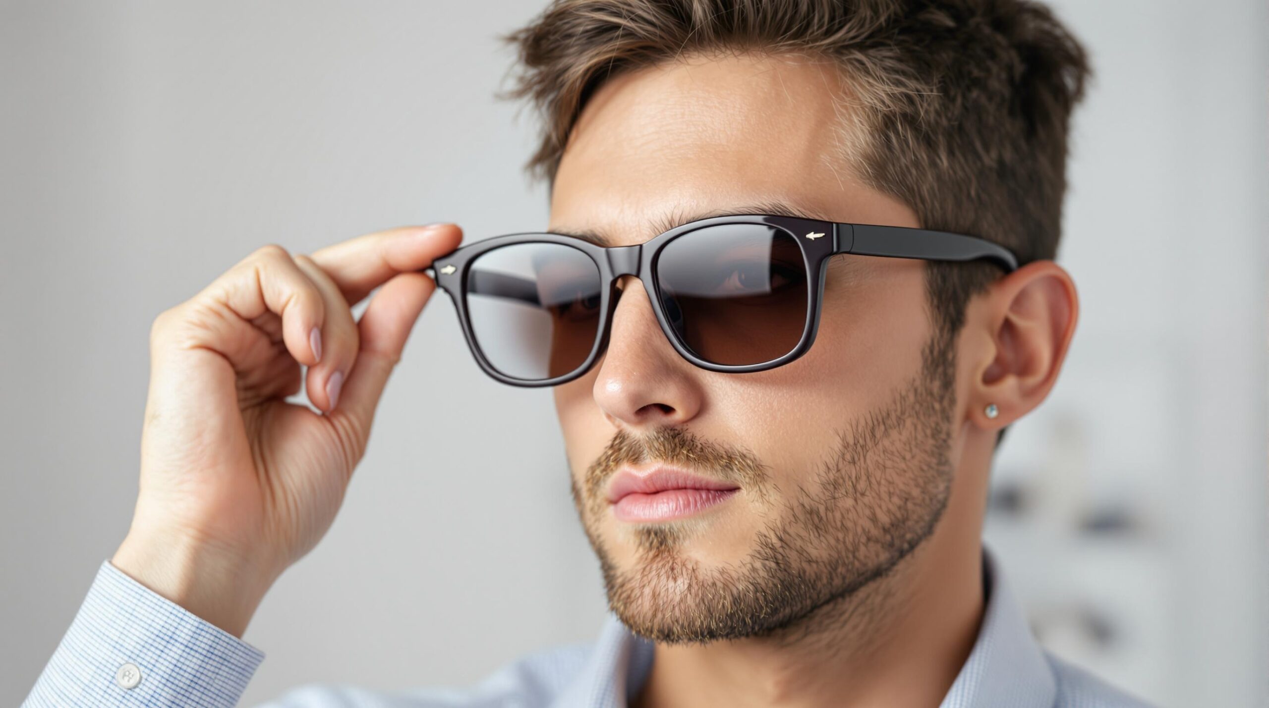 Mand justerer sorte solbriller i kontekst til blog om de bedste brilleglas.